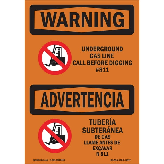 SignMission OS-WS-D-35-L-12877 OSHA Warning Sign - Underground Gas Line Call Custom Bilingual