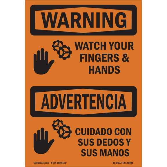 SignMission OS-WS-D-35-L-12892 OSHA Warning Sign - Watch Your Fingers & Hands Bilingual