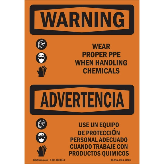 SignMission OS-WS-D-35-L-12928 OSHA Warning Sign - Wear PPE Handling Chemical Bilingual