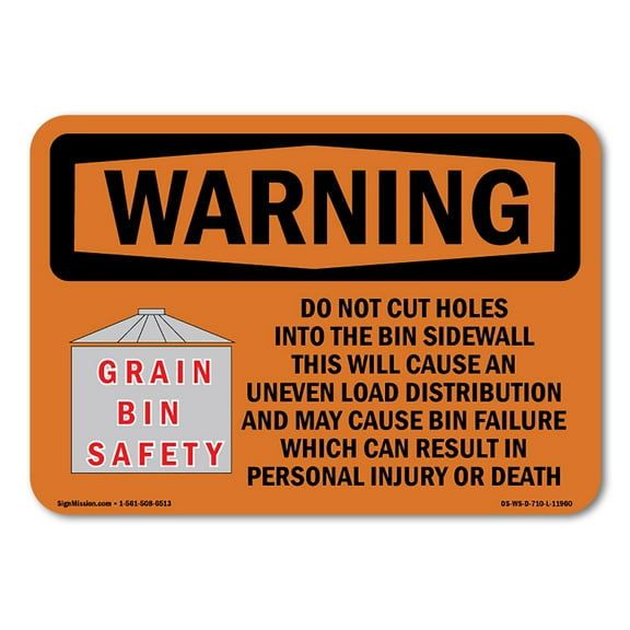 SignMission OS-WS-RD-710-L-11960 OSHA Warning Sign - Grain Bin Silo Safety