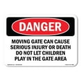 thumbnail image 1 of SignMission OS-DS-P-710-L-2508 OSHA Danger Sign - Moving Gate Can Cause Serious Injury or Death Do Not Let Children Play in the Gate Area, 1 of 5