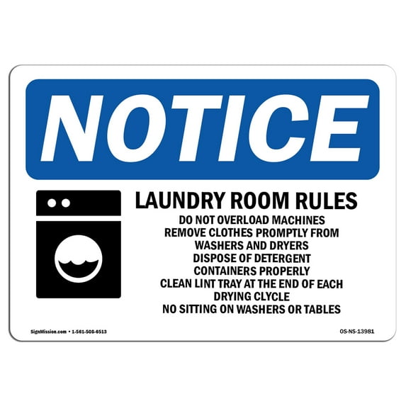 OSHA Notice Sign - Laundry Room Rules Do Not Overload Sign With Symbol | Decal | Protect Your Business, Work Site | Made in the USA