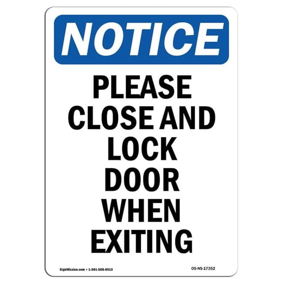 SignMission  OSHA Notice Sign - Please Close & Lock Door When Exiting