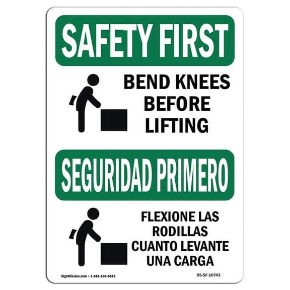 SignMission Safety First Bend Knees When Lifting Bilingual OSHA Decal Sign