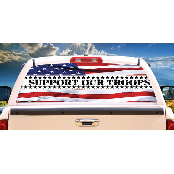 SignMission Support Our Troops Flag Rear Window Graphic truck view thru vinyl decal HD Graphics Professional Grade Material Universal Fit for Full Size Trucks Weatherproof  Made In The