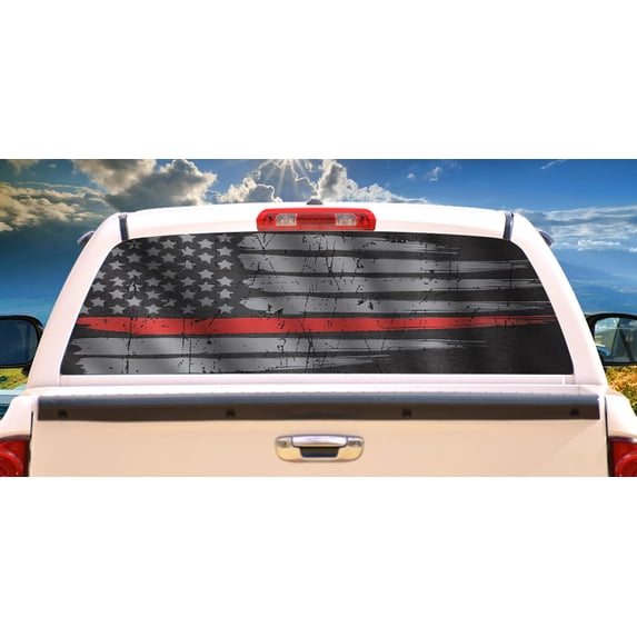 SignMission Thin Red Line Flag In The Wind Rear Window Graphic truck view thru vinyl decal HD Graphics Professional Grade Material Universal Fit for Full Size Trucks Weatherproof Made