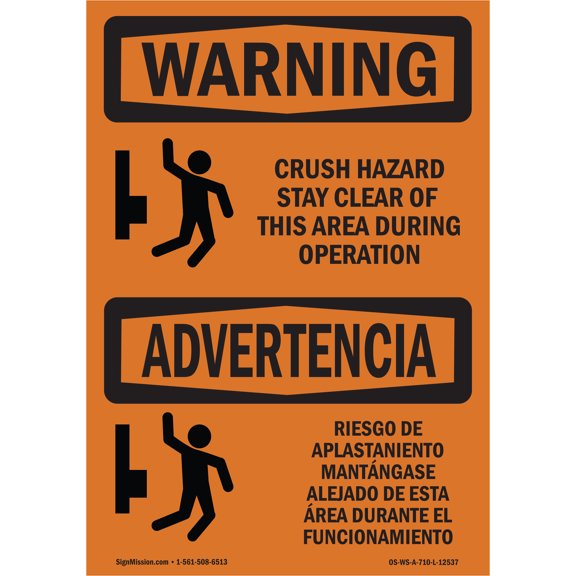 SignMission Warning Crush Hazard Stay Clear Bilingual OSHA Decal Sign