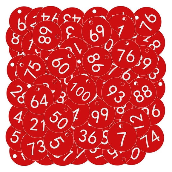 Signage Storage Doorplate Number Tags - 100pcs Engraved Numbered Tags (1-100 Red) for Hotel, Mailbox, Gym, School,