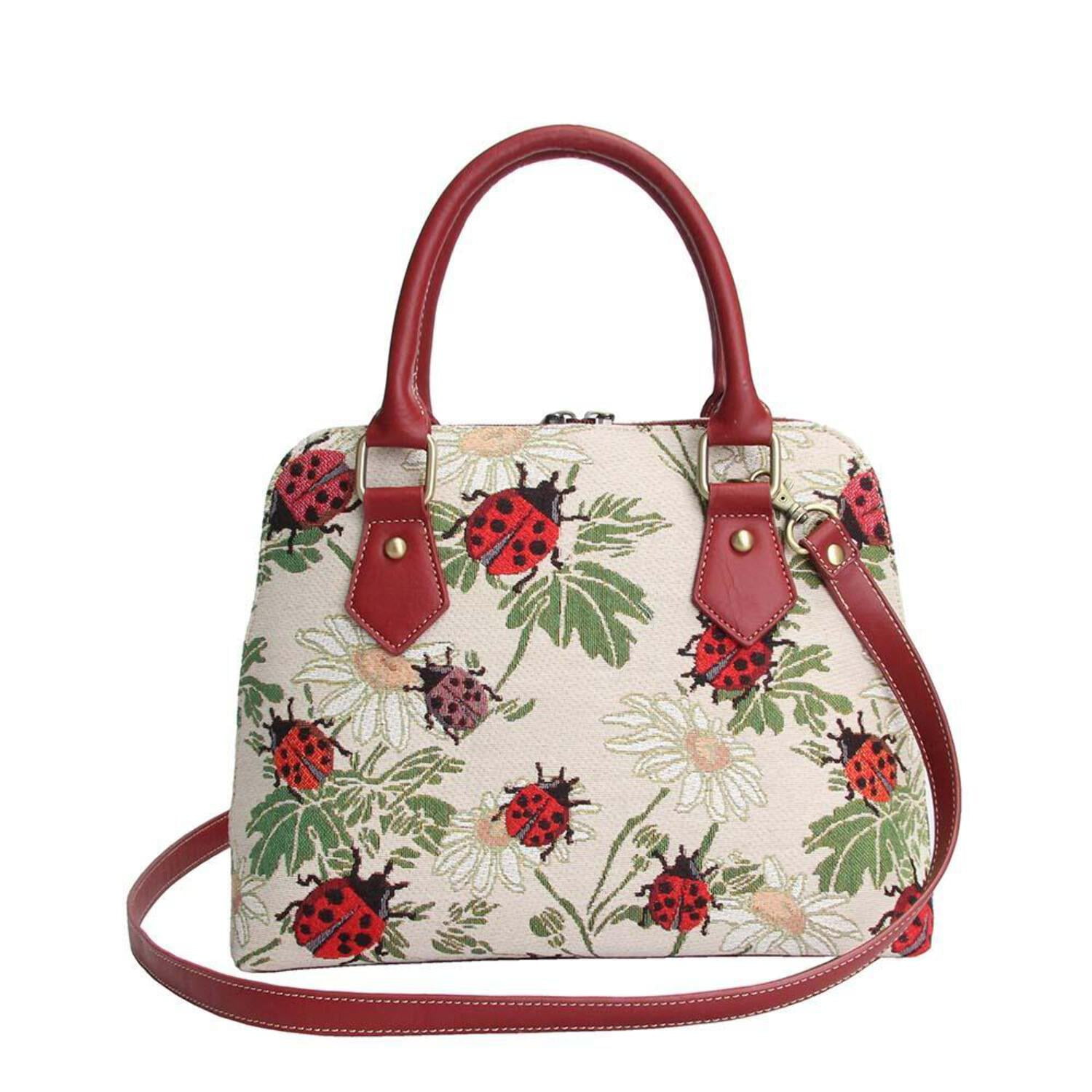 Beige and Red Ladybug Tapestry Convertible Shoulder Bag