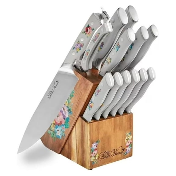 Signature 14-Piece Stainless Steel Knife Block Set with Gray Floral Design