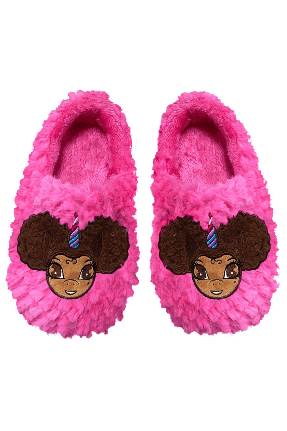 Signature Afro Puff Unicorn Hot Pink Plush Slipper - Light Brown with Brown Hair