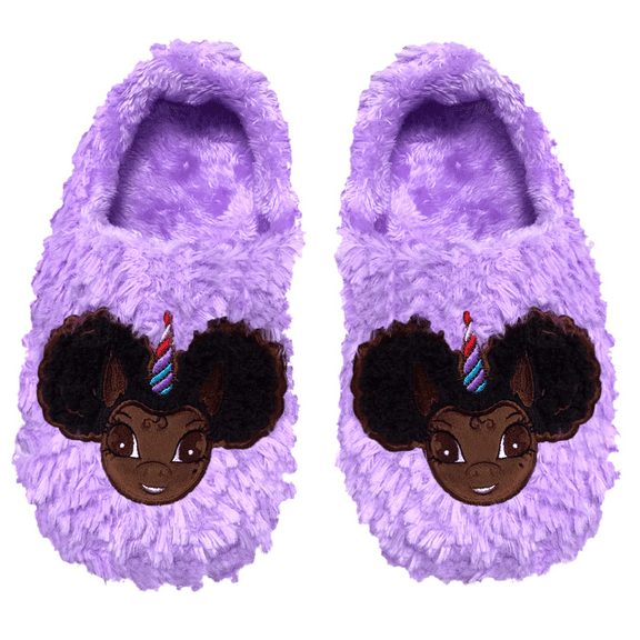 Signature Afro Puff Unicorn Princess Purple Plush Slipper - Dark Brown with Black Hair