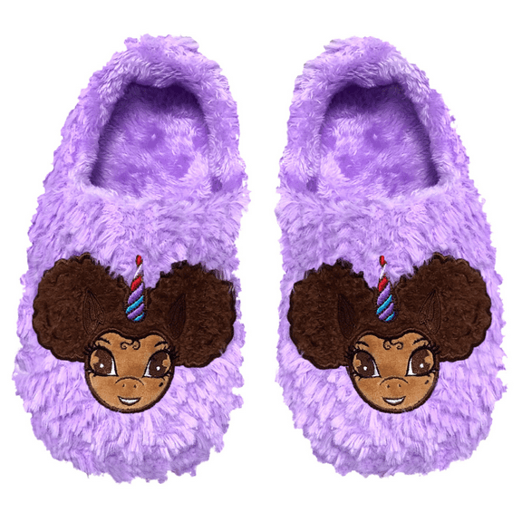Signature Afro Puff Unicorn Princess Purple Plush Slipper - Light Brown with Brown Hair