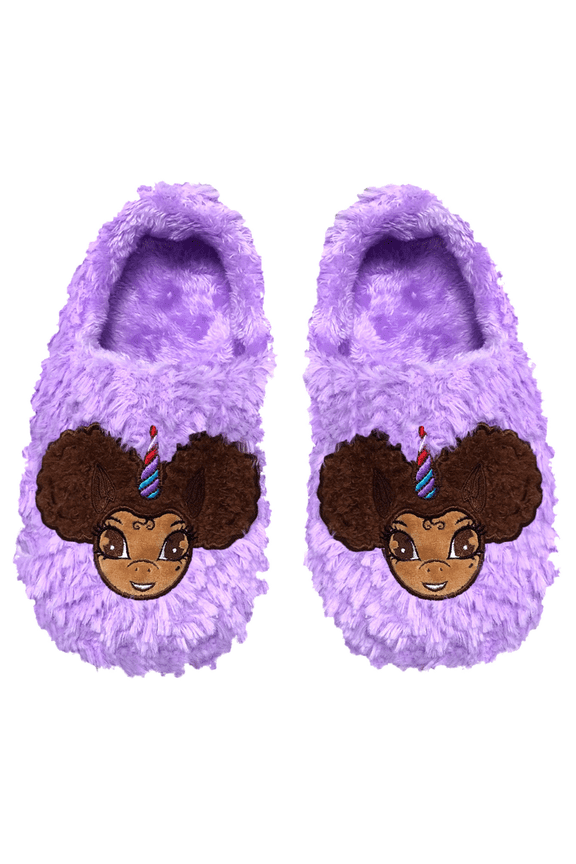 Signature Afro Puff Unicorn Princess Purple Plush Slipper - Light Brown with Brown Hair