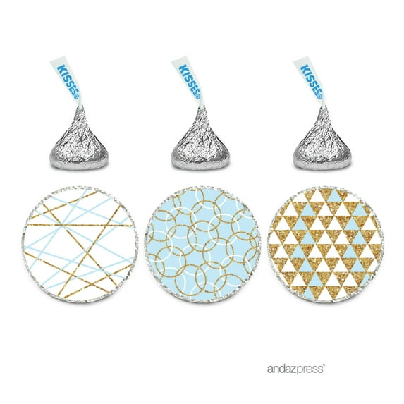 Signature Baby Blue, White, Gold Glittering Party, Chocolate Drop Labels Stickers, Patterns, 216-Pack