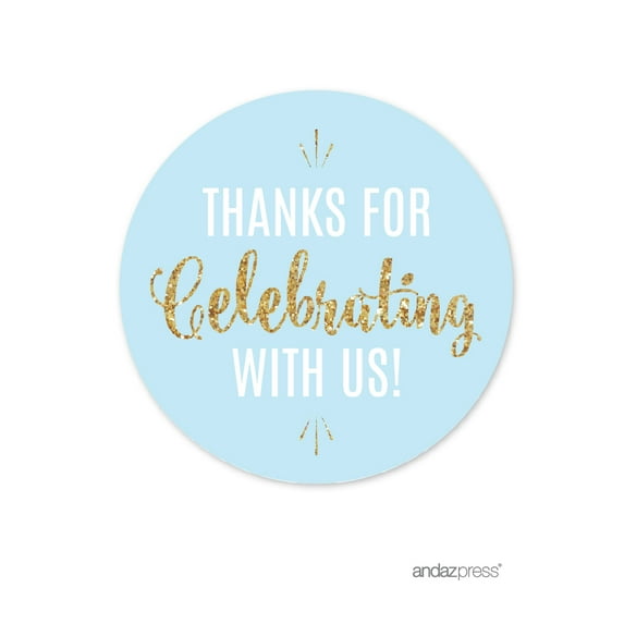 Signature Baby Blue, White, Gold Glittering Party, Round Circle Labels Stickers, Thanks for Celebrating With Us! 40-Pack
