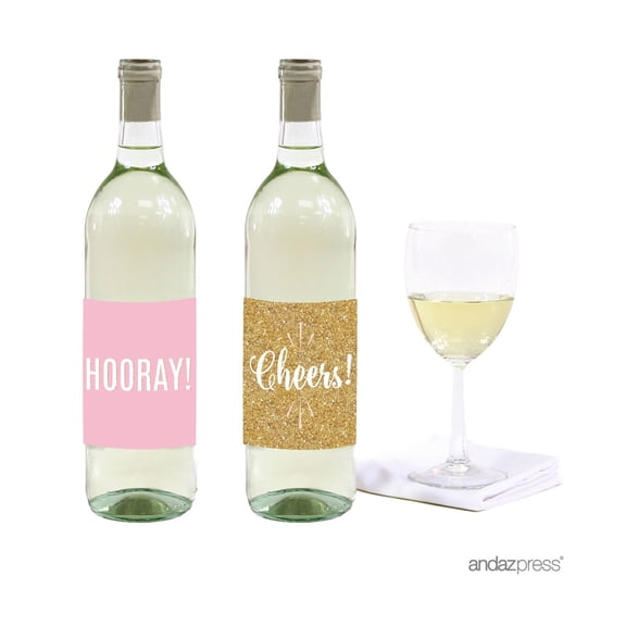 10Pcs Signature Blush Pink, White, Gold Glittering Cheers! Hooray! Bottle Labels Stickers