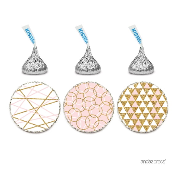 Signature Blush Pink, White, Gold Glittering Party Collection, Chocolate Drop Labels Stickers, Patterns, 216-Pack