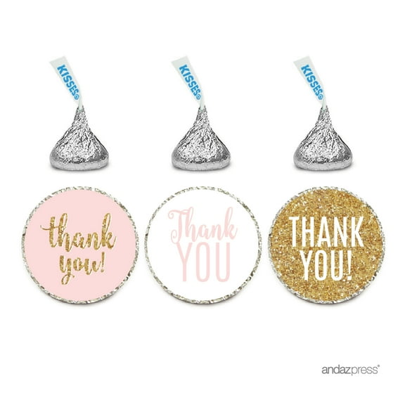 Signature Blush Pink, White, Gold Glittering Party Collection, Chocolate Drop Labels Stickers, Thank You, 216-Pack