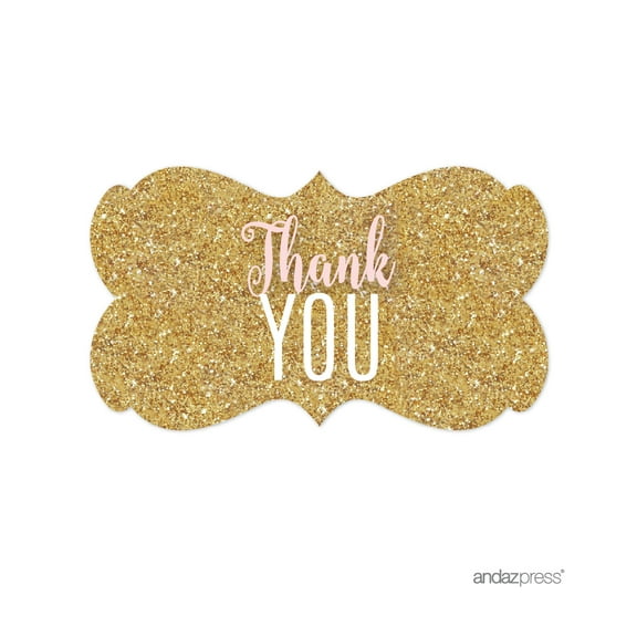 Signature Blush Pink, White, Gold Glittering Party Collection, Fancy Frame Labels Stickers, Thank You!, 36-Pack