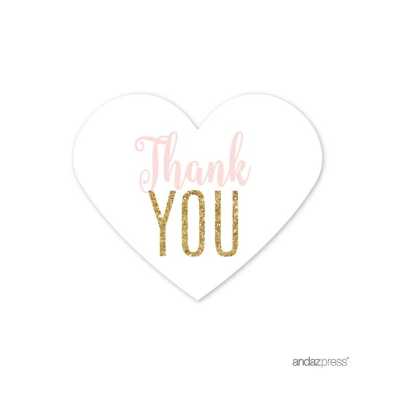 Signature Blush Pink, White, Gold Glittering Party Collection, Heart Labels Stickers, Thank You!, 75-Pack