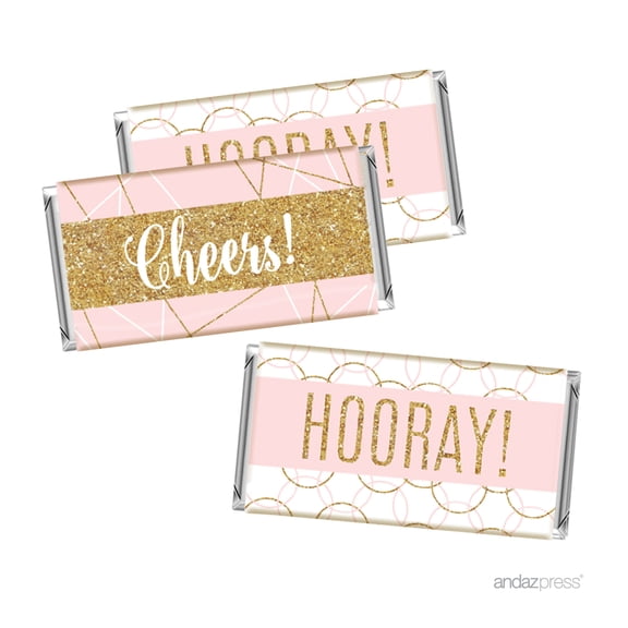 Signature Blush Pink, White, Gold Glittering Party Collection, Hershey's Bar Labels Stickers, Cheers! Hooray!, 10-Pack