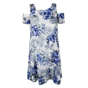 Signature By Robbie Bee Ivory Blue Short-Sleeve Cold Shoulder Shift Dress PS