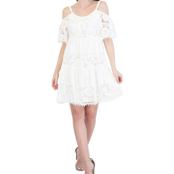 Signature by Robbie Bee Womens Gauze Lace Cold Shoulder Dress, White, Petite, PM