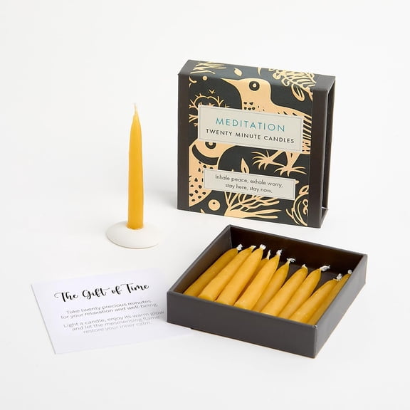 Signature Collection - Meditation Candle Set (Folk) by - 12 Pure Beeswax Twenty Minute Candles with Ceramic Holder for Meditation, Relaxation and Mindfulness