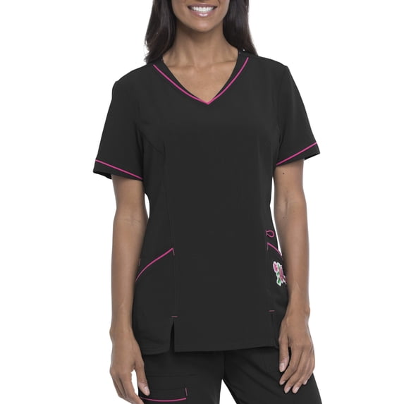 Signature Collection Women's V-Neck Scrub Top with Embroidery Accent