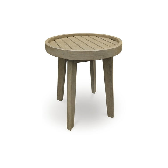 Signature Design by Ashley Bradstreet Bay Outdoor End Table - 19" Round Eucalyptus Wood Patio Side Table with Antique Finish - Weather-Resistant (Beige)