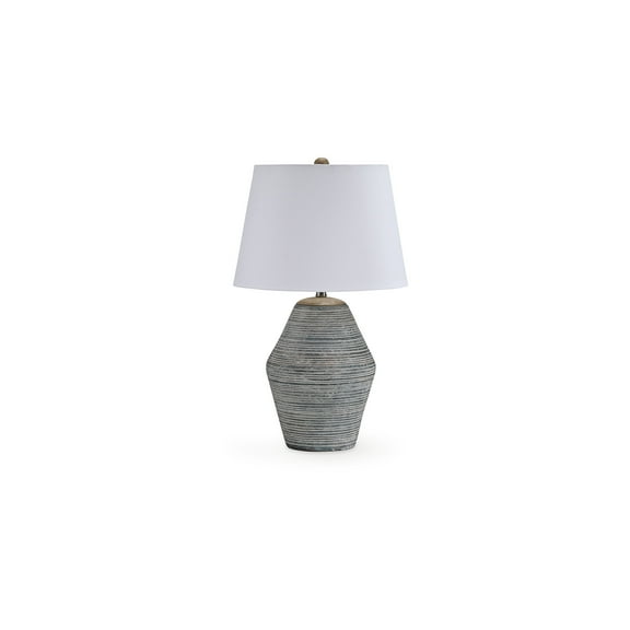 Signature Design by Ashley Lawrock 28" Terracotta Table Lamp with Drum Shade, Antique Blue and Distressed White Finish, Natural Wood Accent, 3-Way Switch