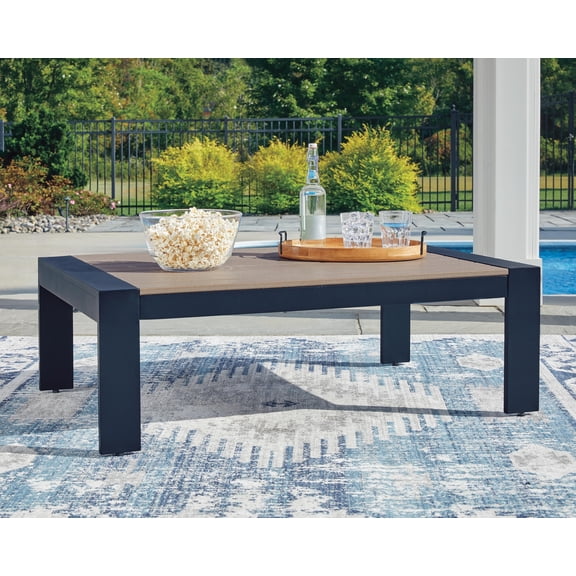 Signature Design by Ashley Mabry Shores Outdoor Coffee Table, Navy Blue/Driftwood, Rectangular Patio Cocktail Table with Aluminum Frame and HDPE Wood-Look Top