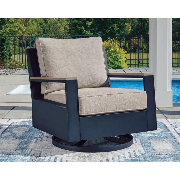 Signature Design by Ashley Mabry Shores Outdoor Swivel Glider Lounge Chair with Cushion, Blue/Driftwood, Patio Chair with 360-Degree Swivel and HDPE Wood-Look Arms