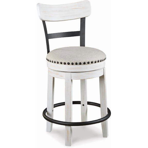 Signature Design by Ashley Valebeck Barstool, Rustic-Industrial Counter Height Chair, 360 Swivel, Wood & Metal Frame, Cushioned Seat, Ideal for Kitchen Island with Seating, Vintage White