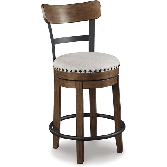 Signature Design by Ashley Valebeck Swivel Barstool With Back, Rustic-Industrial Wood and Metal, 360-Degree Counter Height Stool for Kitchen Island Seating, Linen Color
