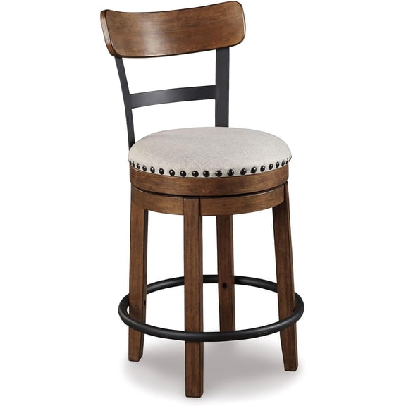 Signature Design by Ashley Valebeck Swivel Barstool With Back, Rustic-Industrial Wood and Metal, 360-Degree Counter Height Stool for Kitchen Island Seating, Linen Color