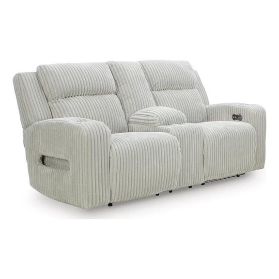 Signature Design Hartmere Power Reclining Loveseat with Console in Light Gray