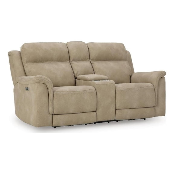 Signature Design Vesper Glen Power Reclining Loveseat with Console in Sand