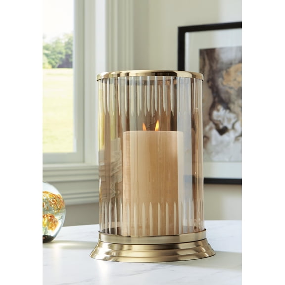 Signature Design by Ashley Aavinson 12 Inch Candle Holder, Amber Glass and Gold Metal Pillar Holder