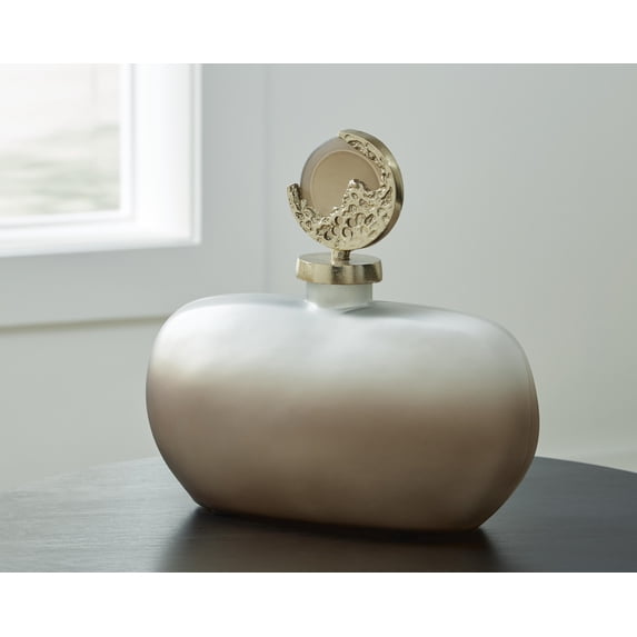 Signature Design by Ashley Acario Decorative Glass Jar, Taupe Ombre Finish with Sculptural Goldtone Topper, Tabletop Accent