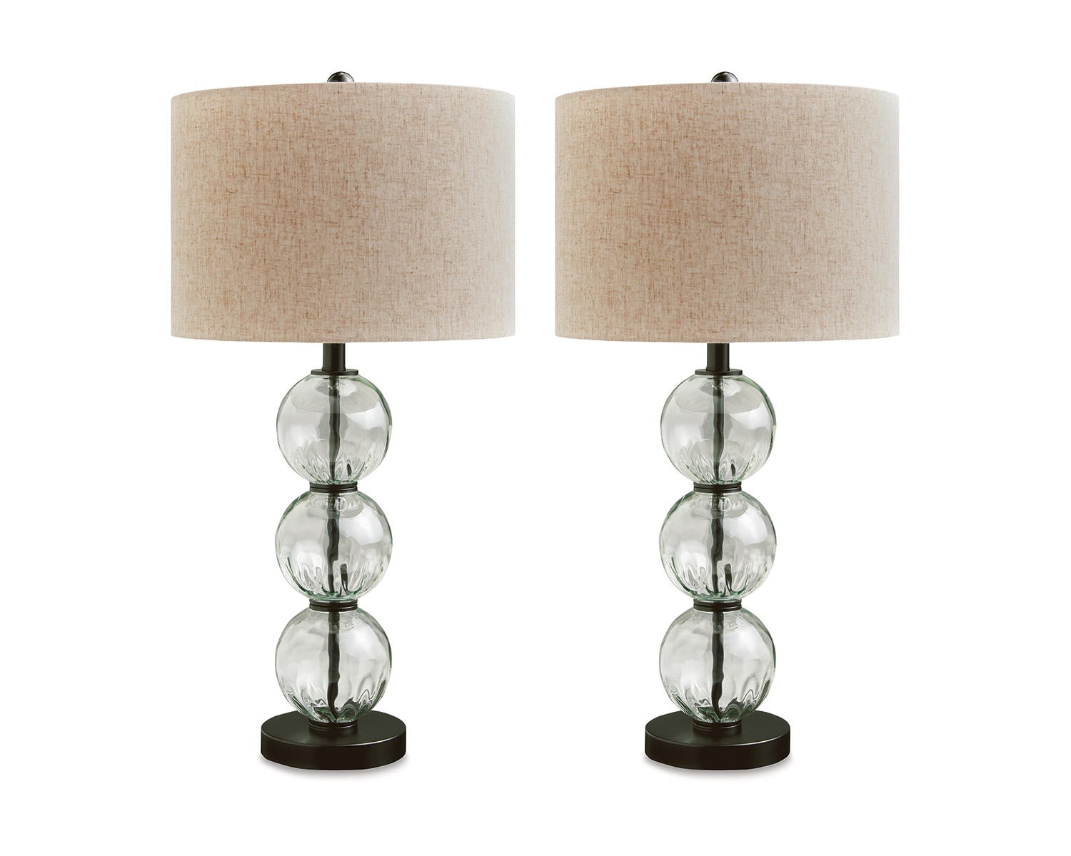 Black Glass and Metal Table Lamp Set with Drum Shade
