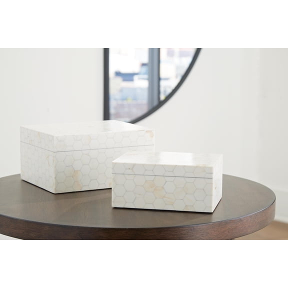 Signature Design by Ashley Aldenburg Decorative Storage Box Set, Cream Hexagon Mosaic Design, Set of 2 Accent Boxes