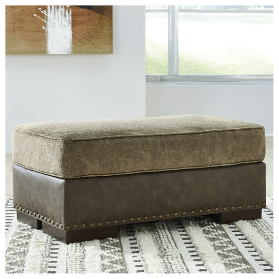 Signature Design by Ashley Alesbury Ottoman, Chocolate Faux Leather Look, Nailhead Trim