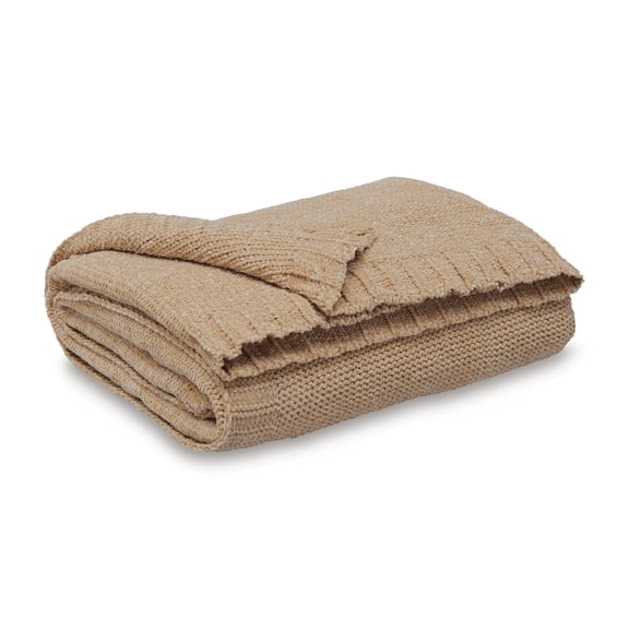 Signature Design by Ashley Anawood Chenille Throw Blanket Set of 3, Gold, Soft Knit Textured Accent with Border Edge, Machine Washable