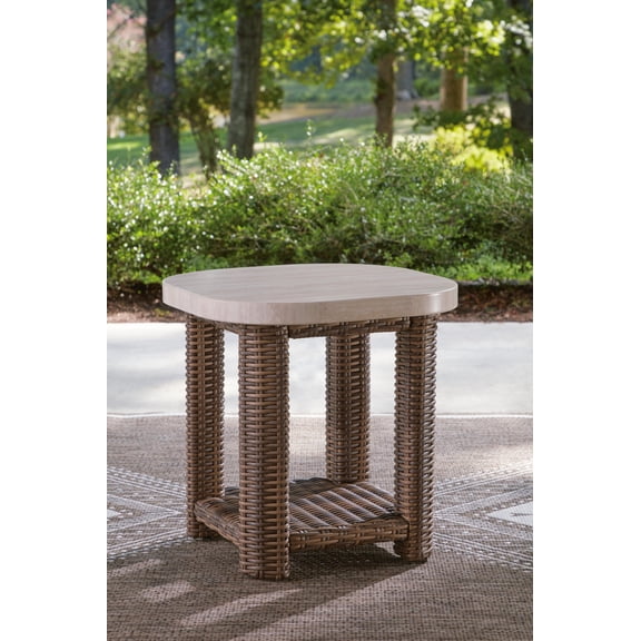 Signature Design by Ashley Angel Island Outdoor Square End Table, Beige and Brown, Wicker Patio Side Table with Shelf