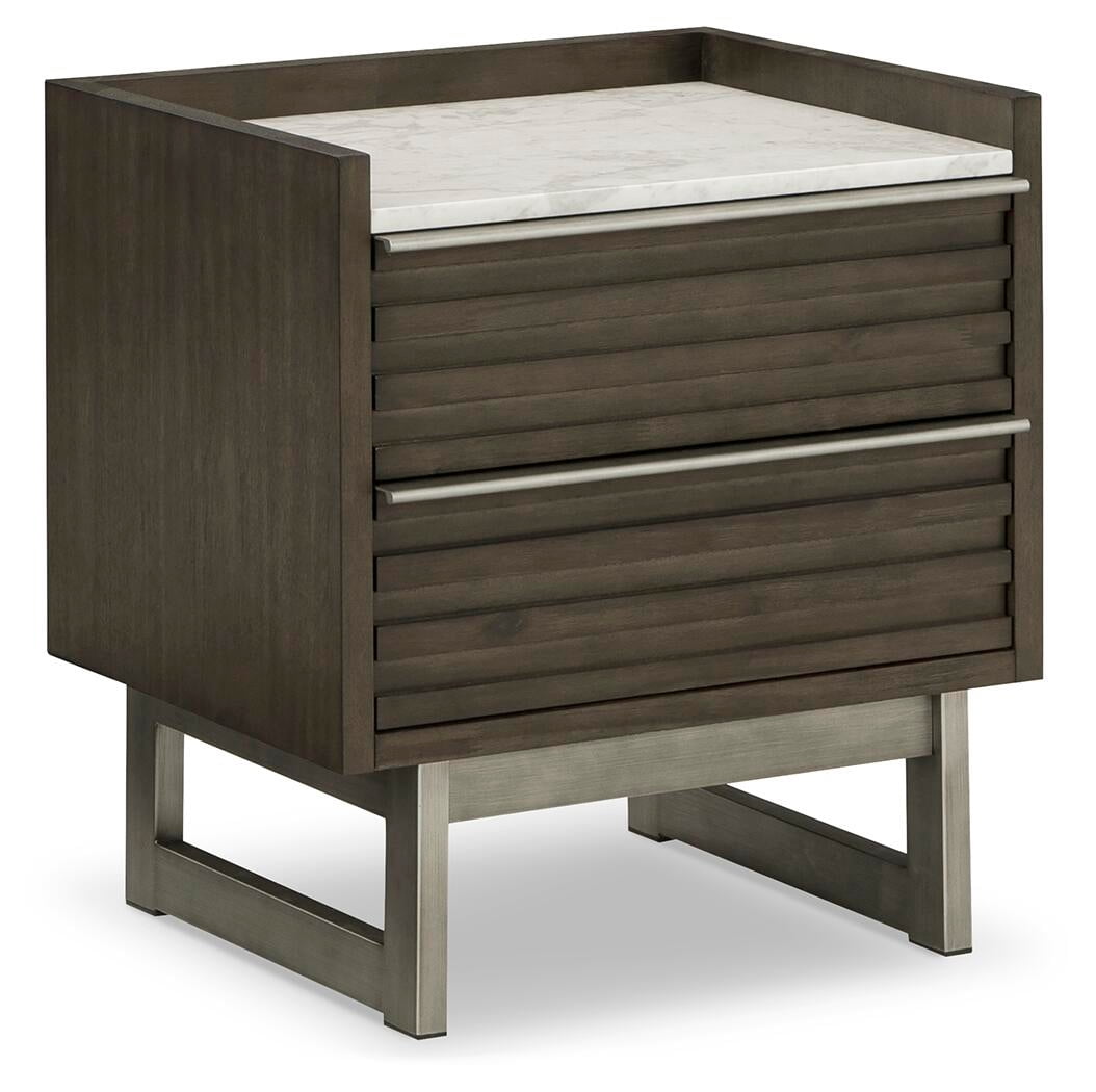 Signature Design by Ashley Arkenton 2-Drawer Nightstand with White Marble Top - Modern Bedroom Side Table, Grayish Brown Wood Finish