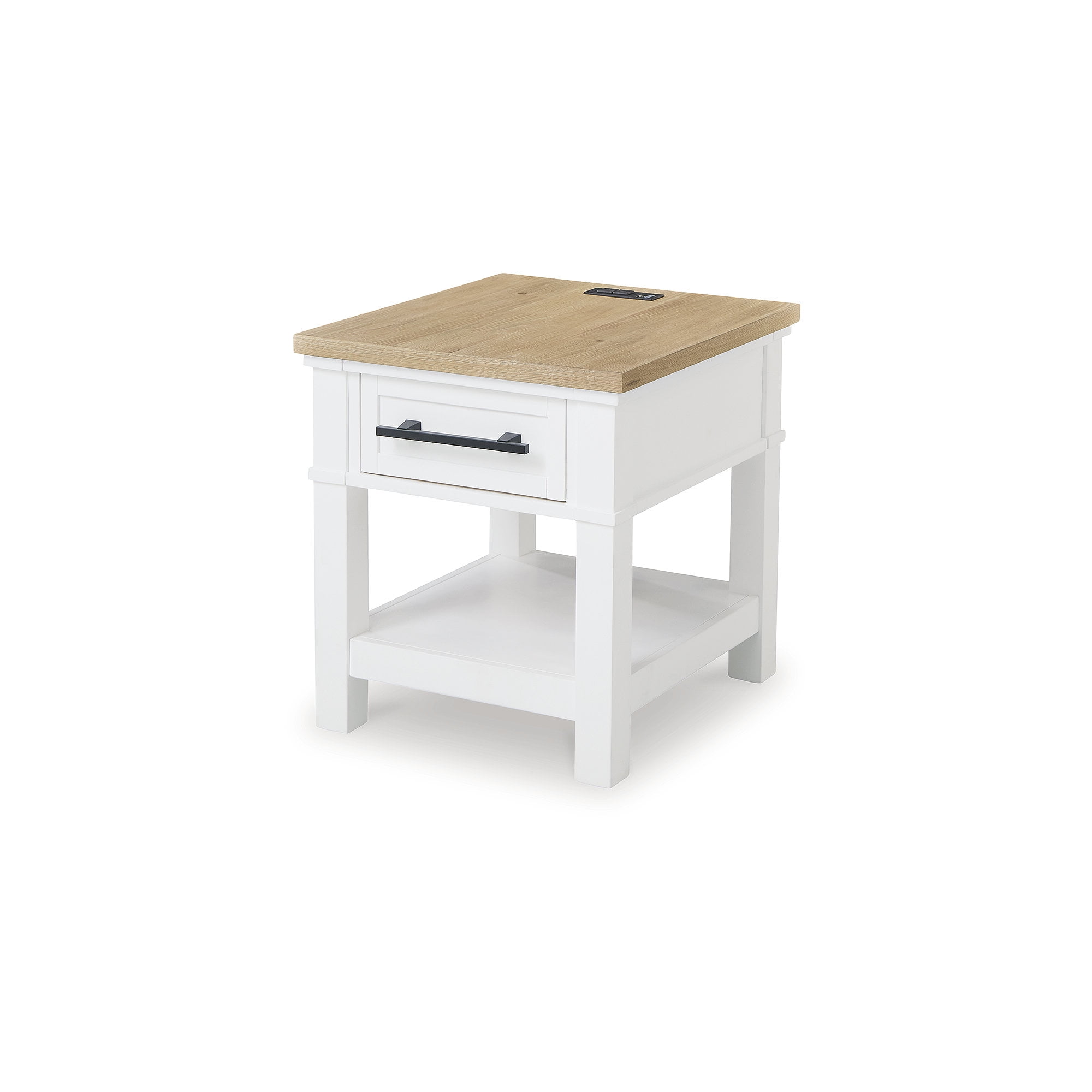 White and Light Brown Oak Veneer End Table with Storage Drawer