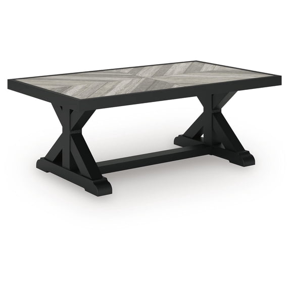 Signature Design by Ashley Beachcroft Rectangular Outdoor Cocktail Table, Black Frame, Light Gray Porcelain Top, Farmhouse X-Leg