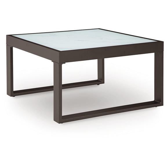 Signature Design by Ashley Beachloft Modern Outdoor Coffee Table - Weather-Resistant Aluminum with Stone-Look Glass Top, 30" Square, Black/Gray